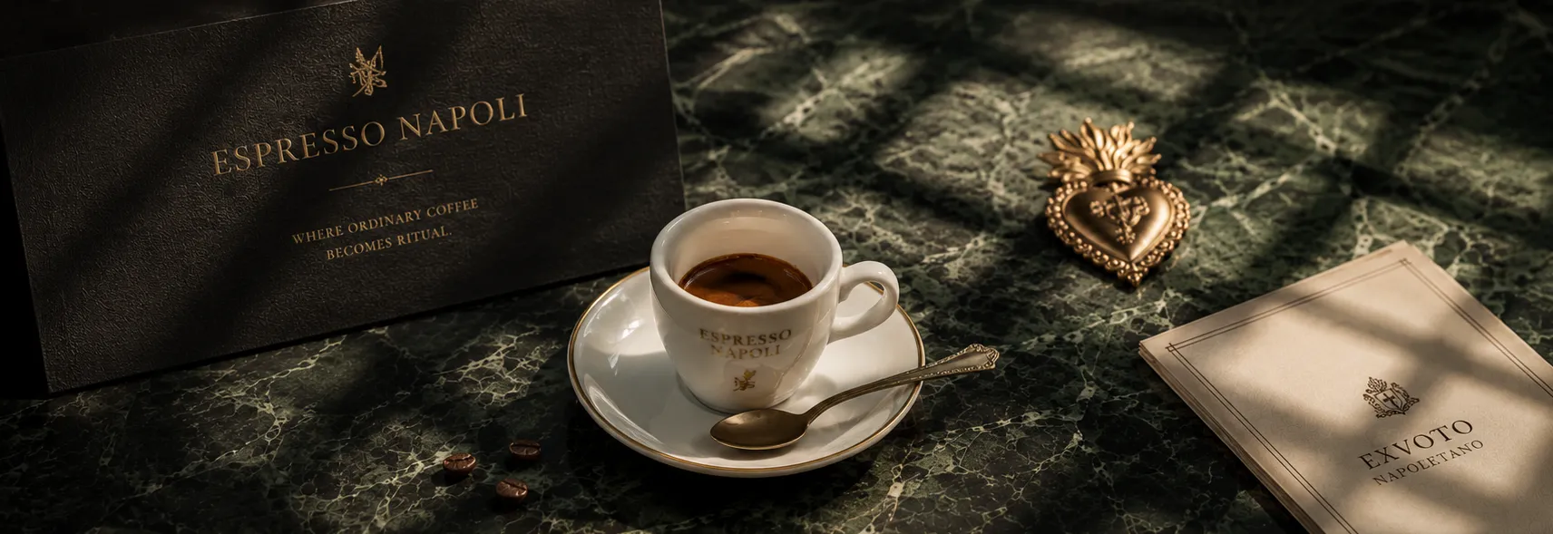 Espresso Napoli ritual still life on green marble